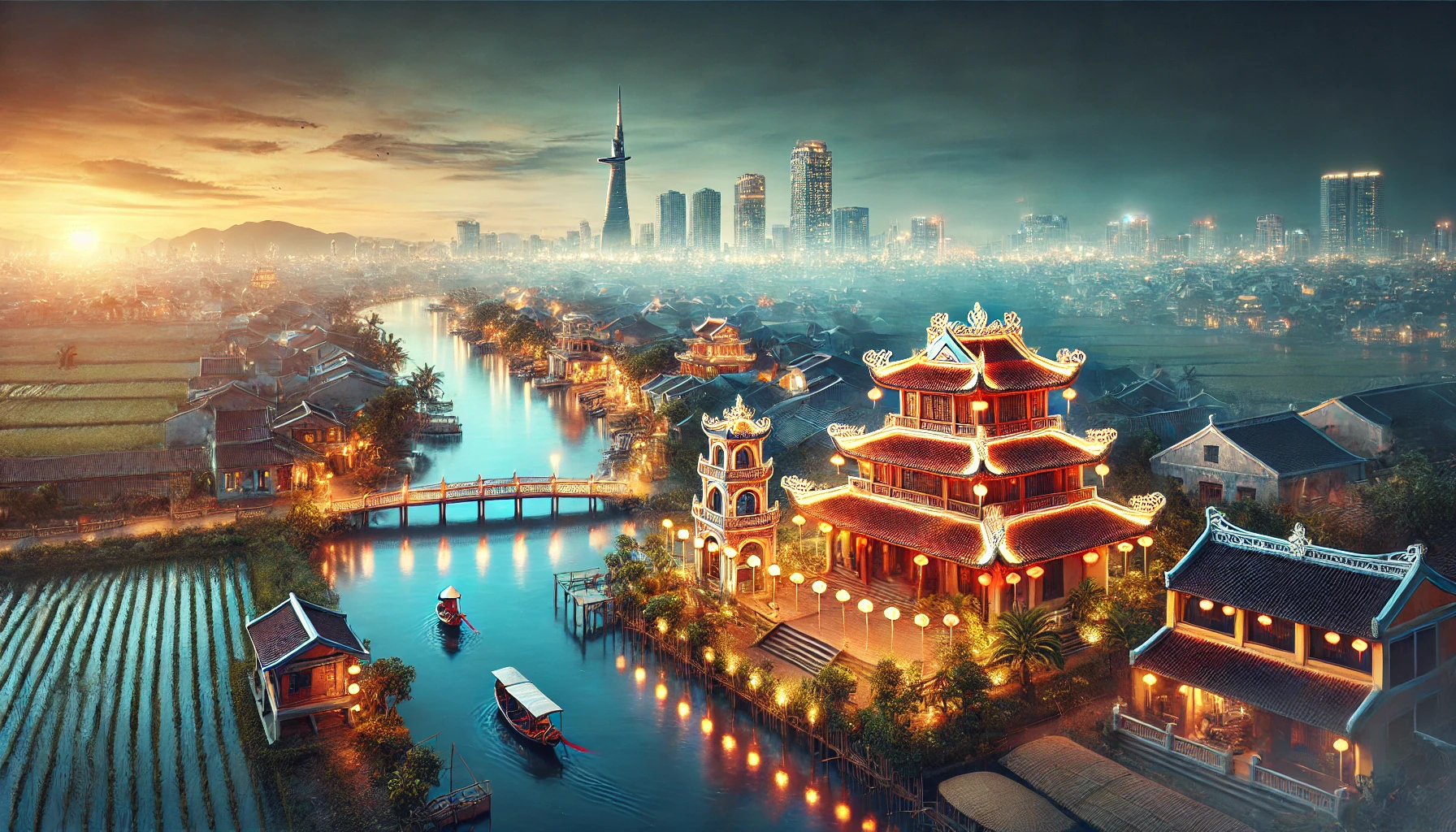 A breathtaking panoramic view of a traditional Vietnamese temple illuminated at night, reflecting on a serene river with a modern city skyline in the background.